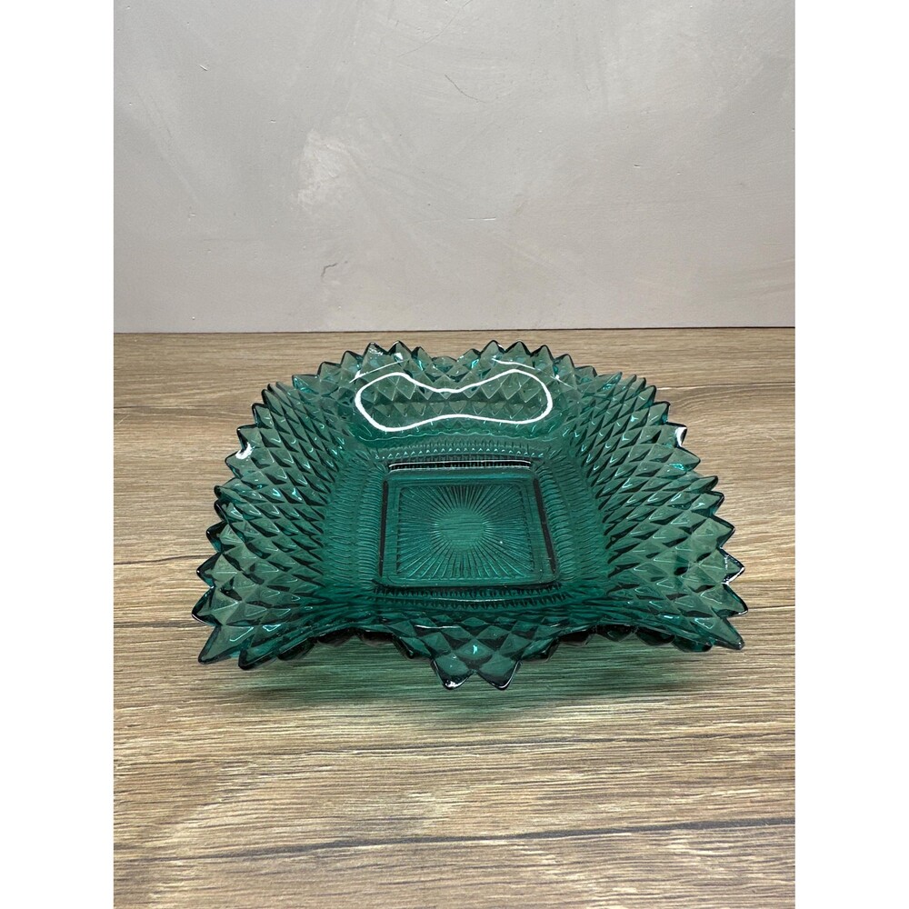 Vintage 1960s Indiana Glass Diamond Point Ruffle Edge Teal Candy Dish, 7 Inches